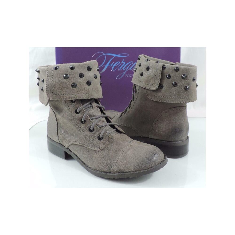Fergie Mercury Studded Lace Up Zip Combat Boot Leather Grey Size 9